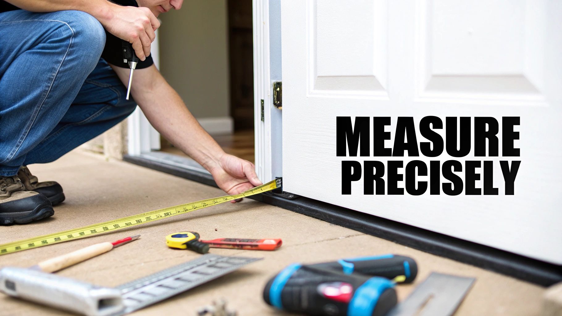 A person precisely measuring a white door frame with a yellow tape measure and tools on the floor.