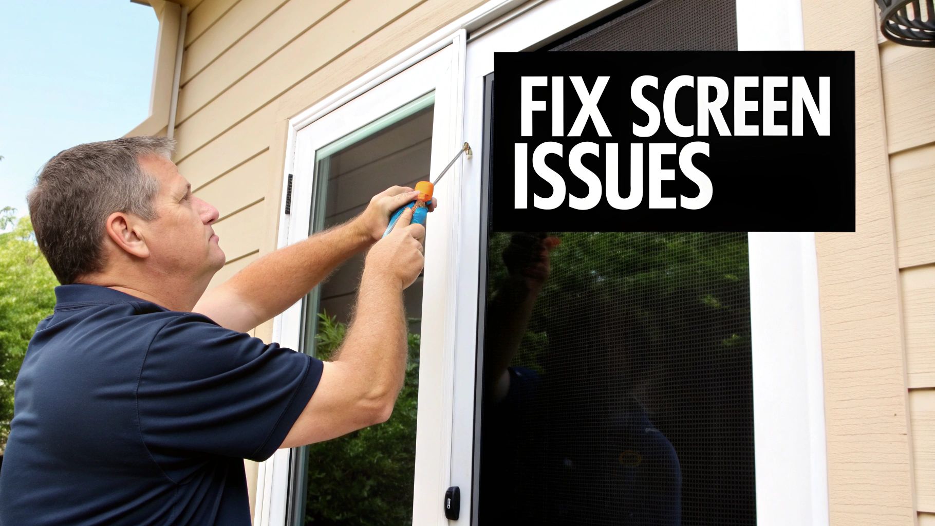 A man uses a screwdriver to fix a screen door on a house, with text reading 'FIX SCREEN ISSUES'.