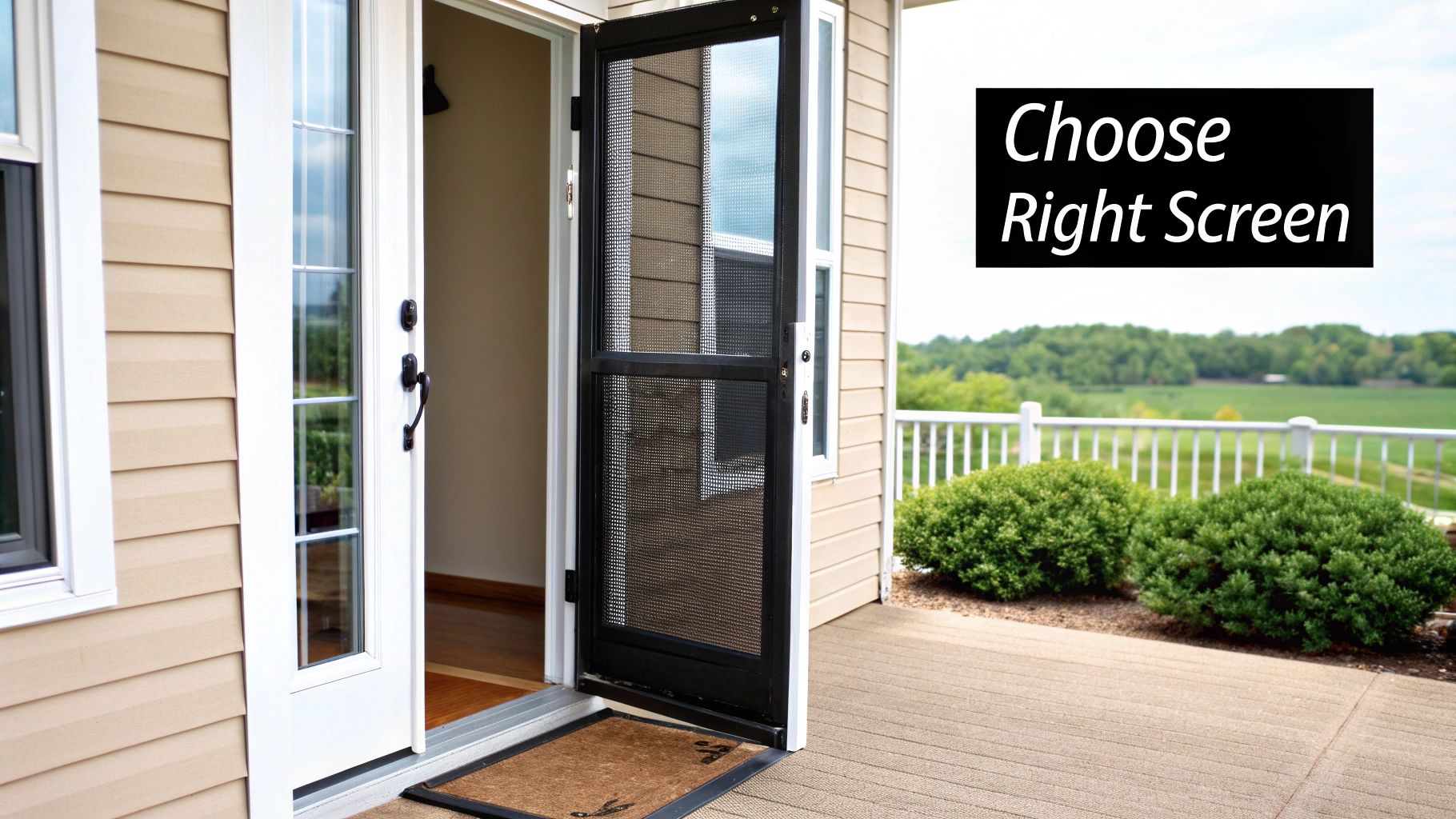 An open black screen door on a beige house leads to a deck with green bushes and a distant landscape.