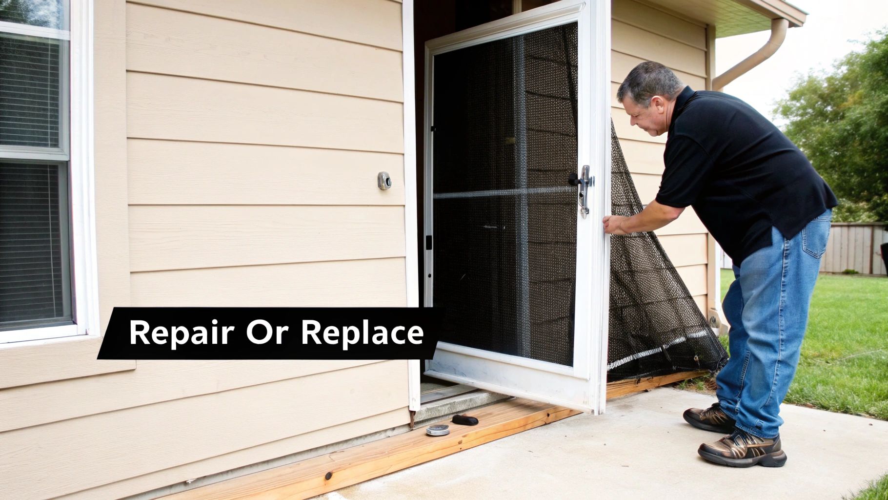 A man in blue jeans and a black shirt repairs a torn screen door on a beige house.