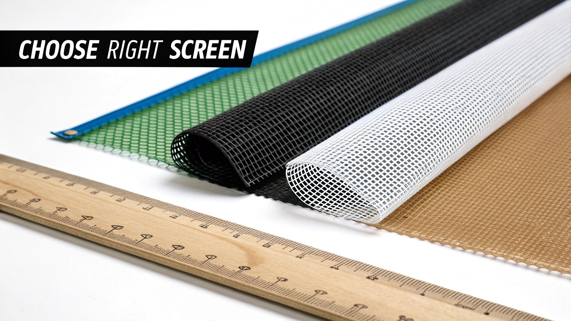 Various colored mesh screen rolls, including green, black, white, and brown, with a wooden ruler for measurement.