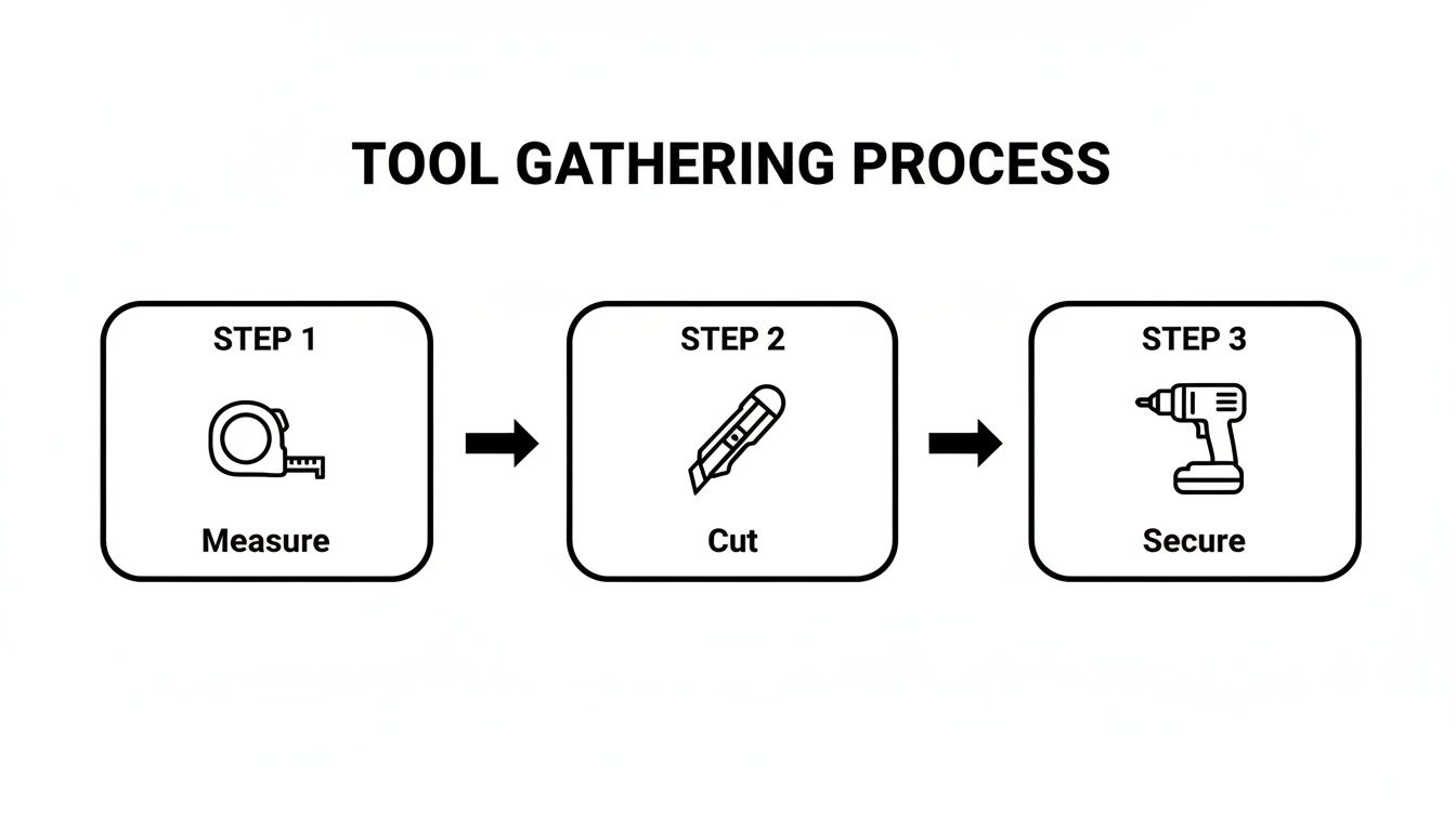 An infographic detailing a three-step tool gathering process: Measure, Cut, and Secure.