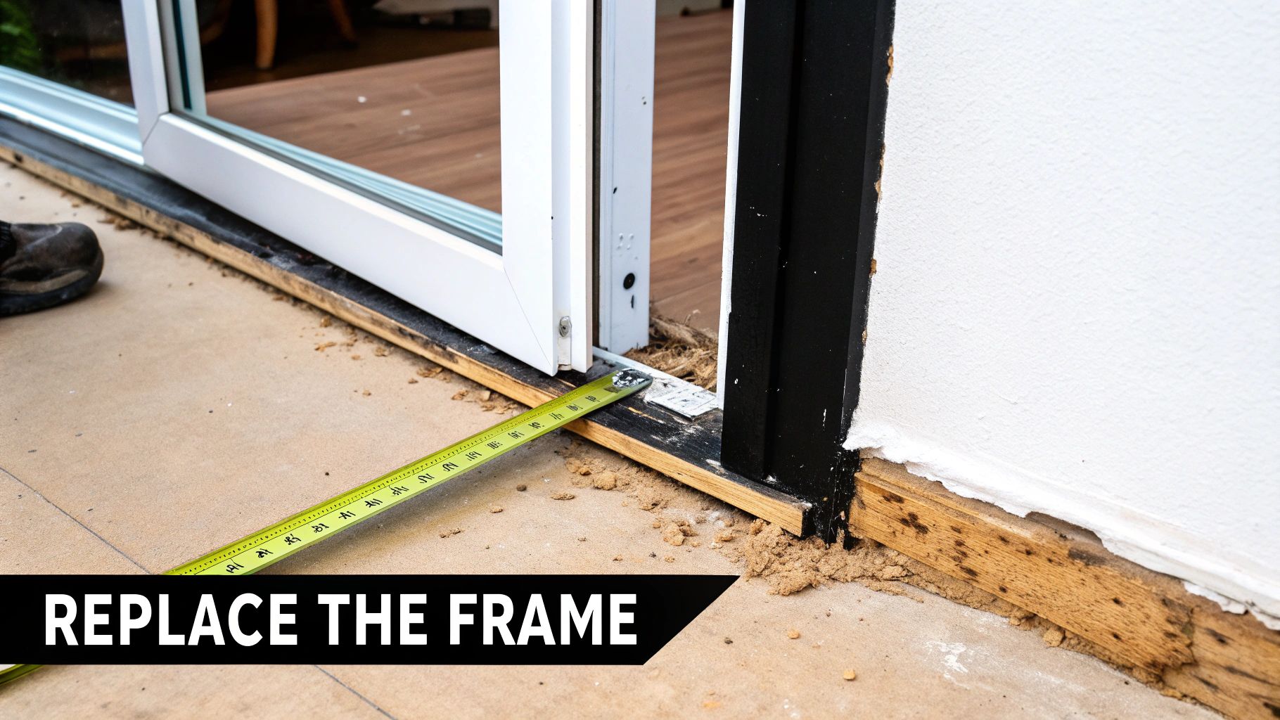 Close-up of a sliding door frame undergoing replacement or repair, with a measuring tape and debris.