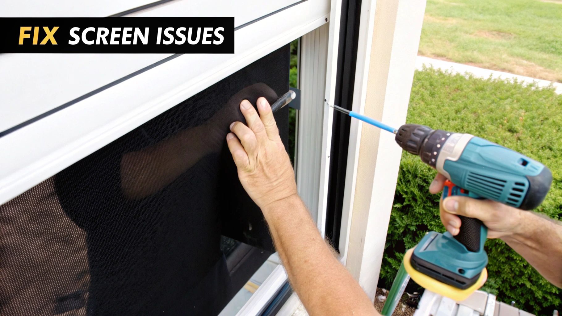Close-up of a person's hands installing or repairing a window screen with a drill.
