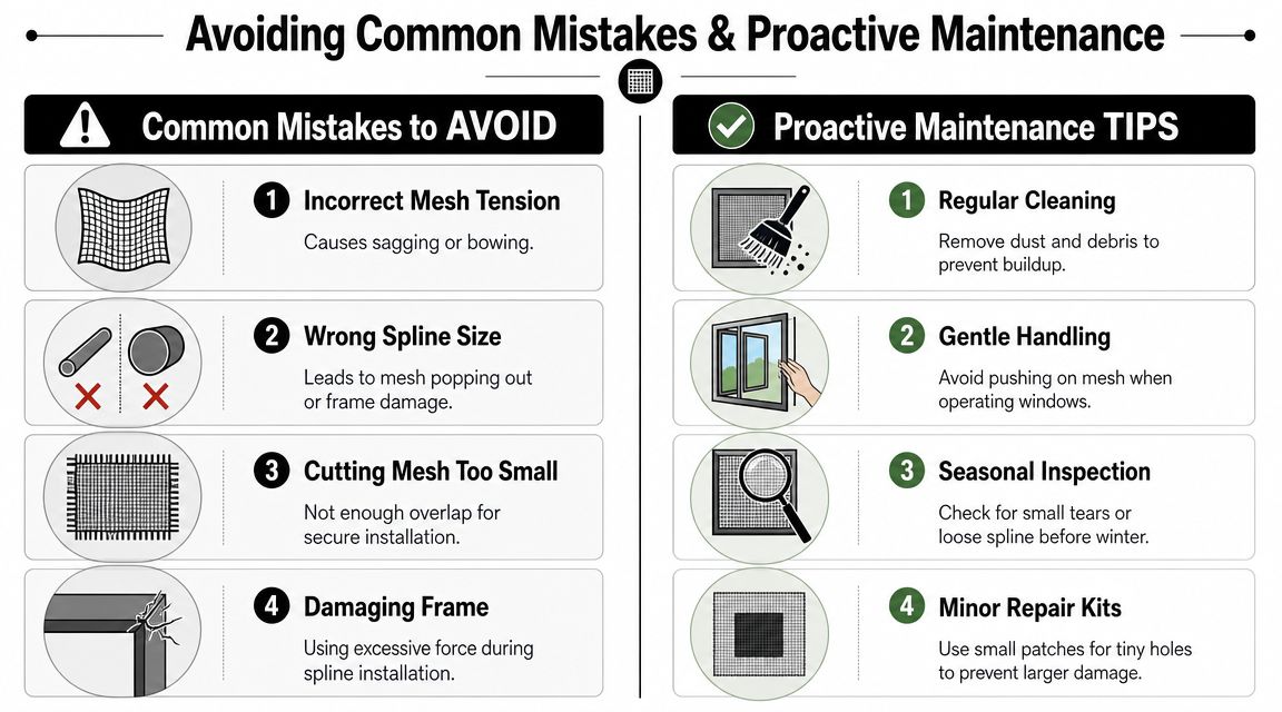 An infographic showing common mistakes to avoid and proactive maintenance tips for window screen repair and care.
