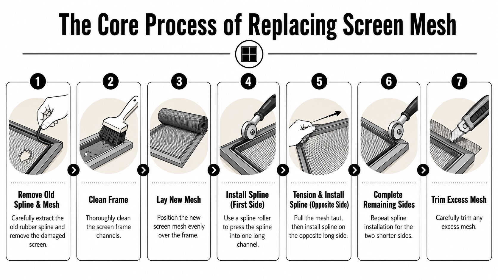 A step-by-step instructional infographic demonstrating the process of replacing a damaged window screen mesh.