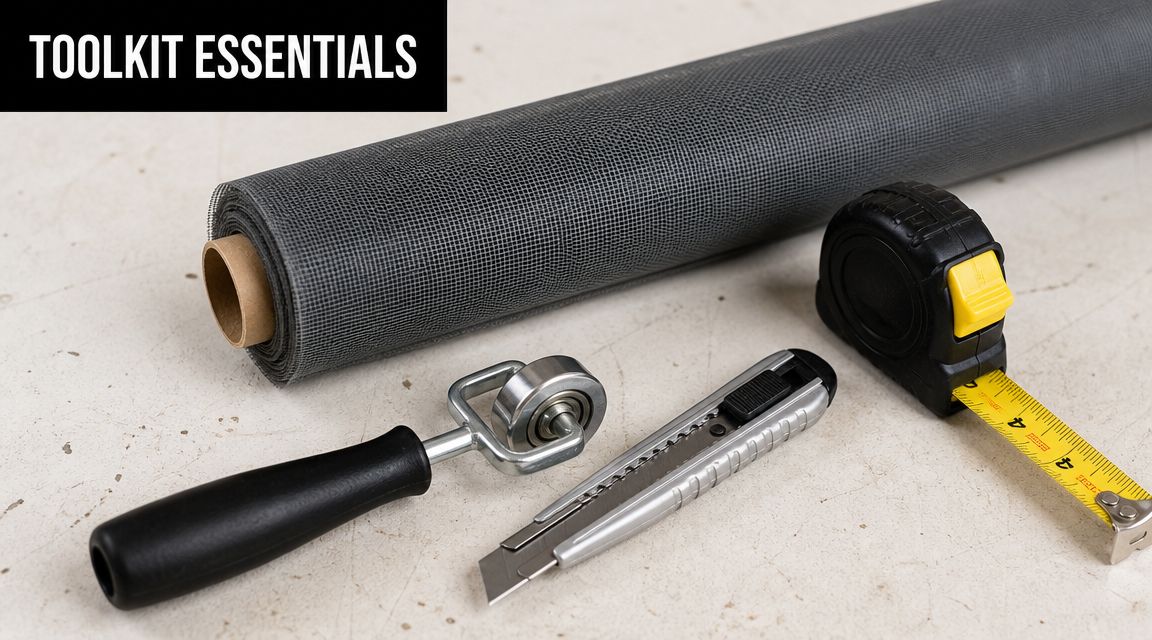 A selection of tools for replacing window screens including a screen roll, utility knife, and tape measure.