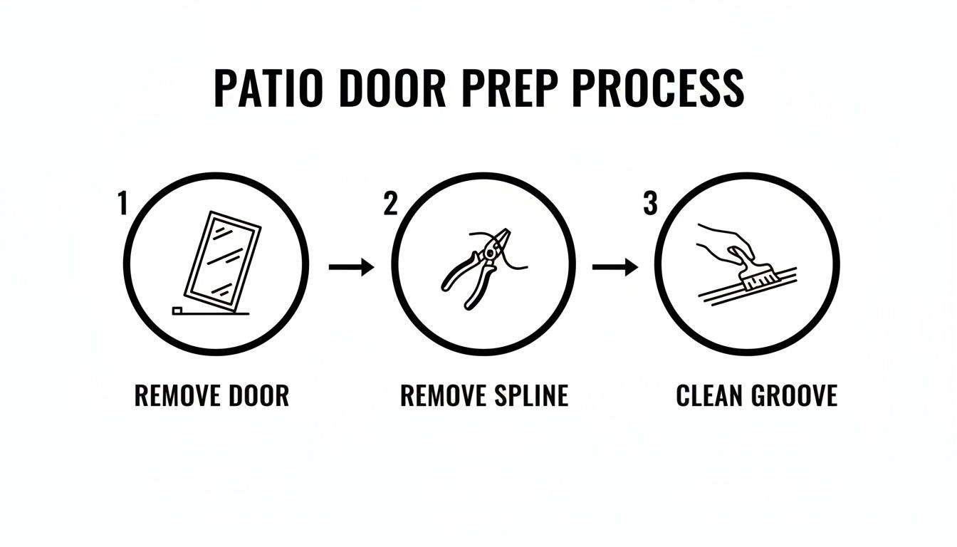 A three-step diagram illustrating the patio door preparation process: remove door, remove spline, and clean groove.