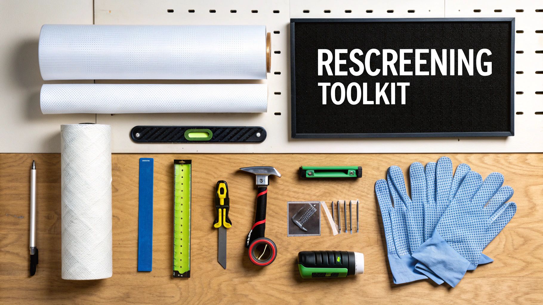 A flat lay of a rescreening toolkit, including screen rolls, various tools, and protective gloves, on a wooden surface.