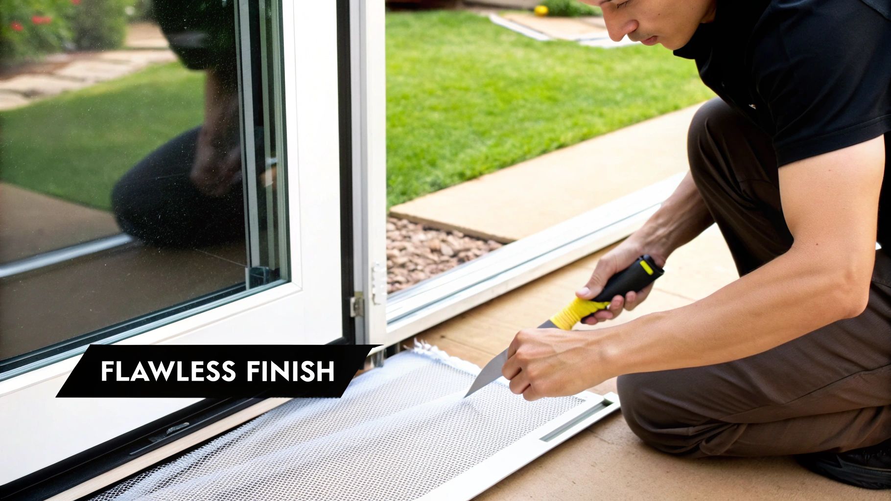 A person installs a new screen on a patio door, using a tool for a flawless finish.