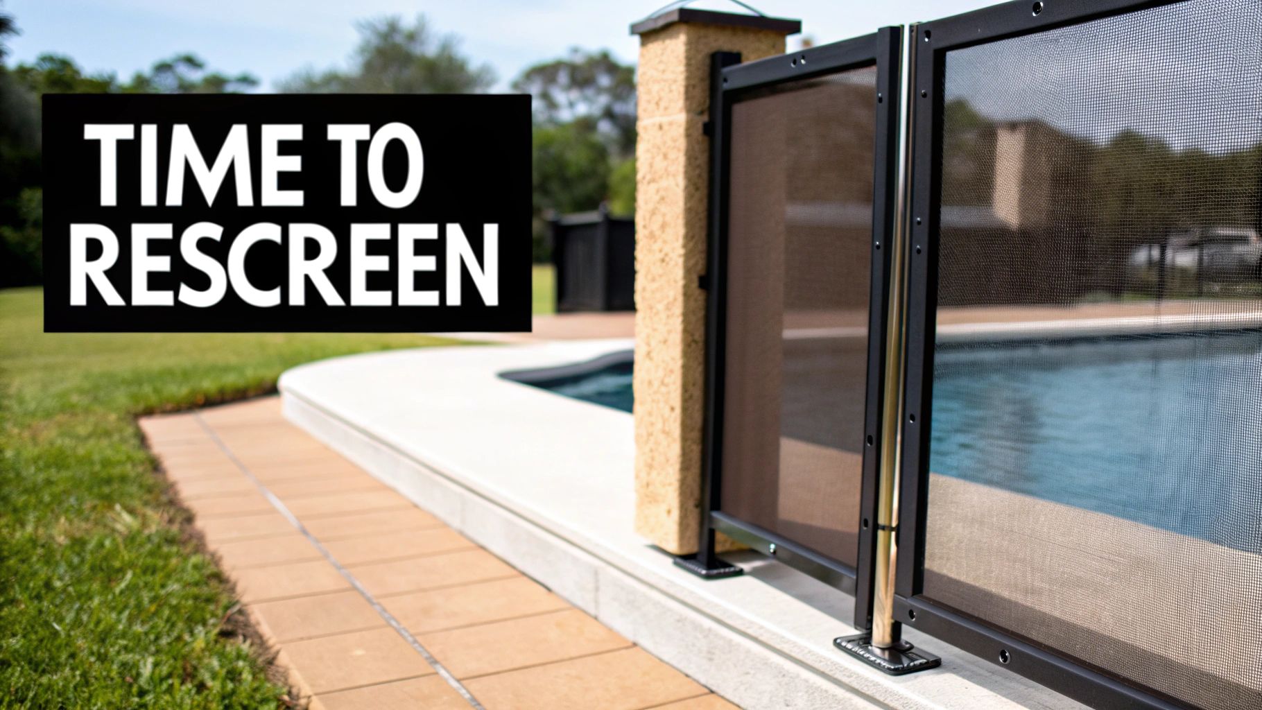 A modern pool area featuring a dark mesh safety fence with a 'TIME TO RESCREEN' sign.