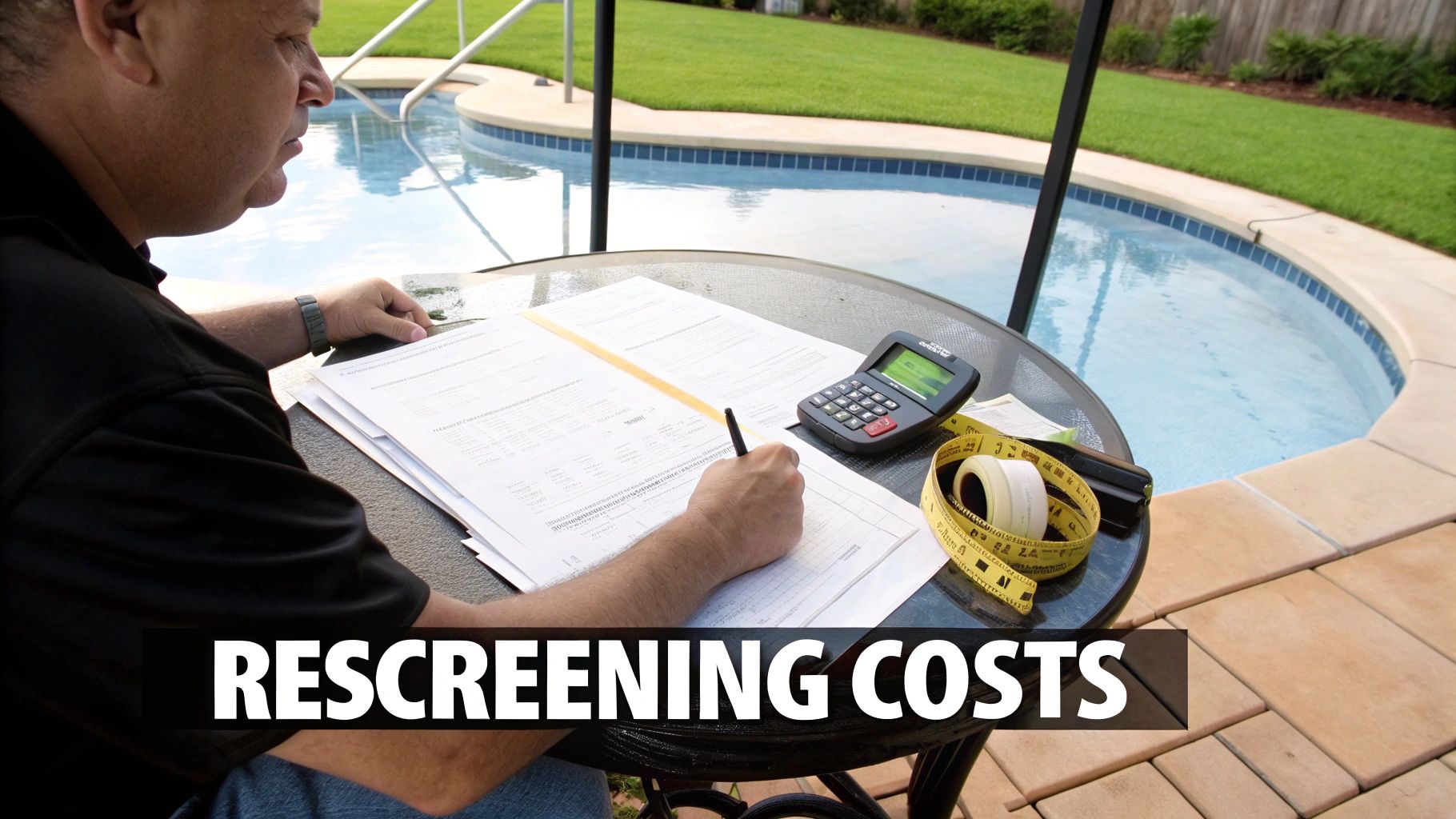 A person reviews documents and calculates costs by a swimming pool, with a calculator and measuring tape nearby.