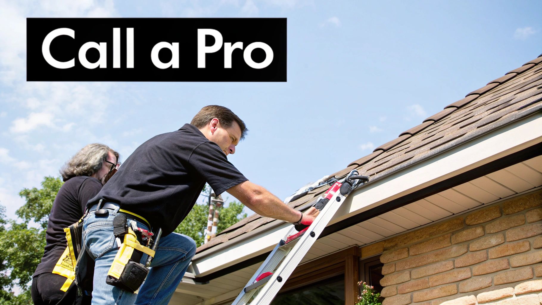 A professional on a ladder working on a house roof, with another person observing. Text reads 'Call a Pro'.