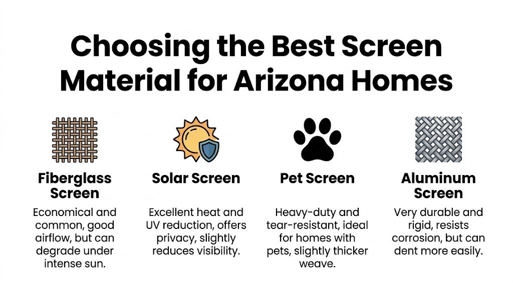 A comparison chart of window screen materials including fiberglass, solar, pet, and aluminum for Arizona homes.