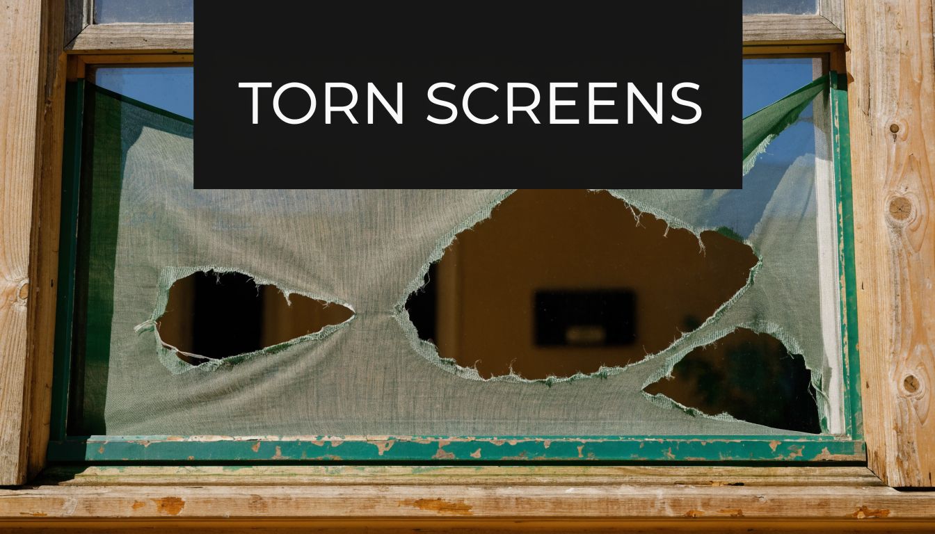 A close-up of a damaged window screen with multiple large tears set in a wooden frame.