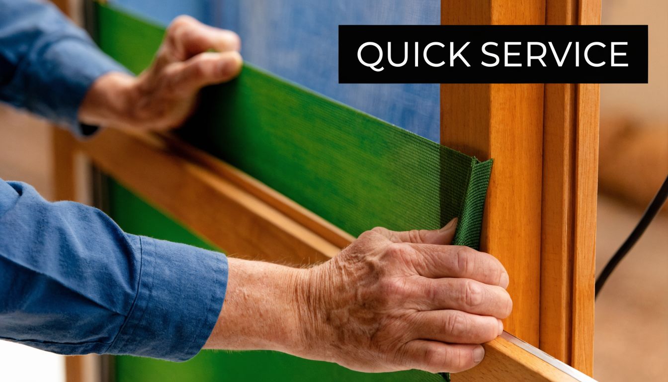 A close up of a person installing a new green mesh window screen into a wooden frame.