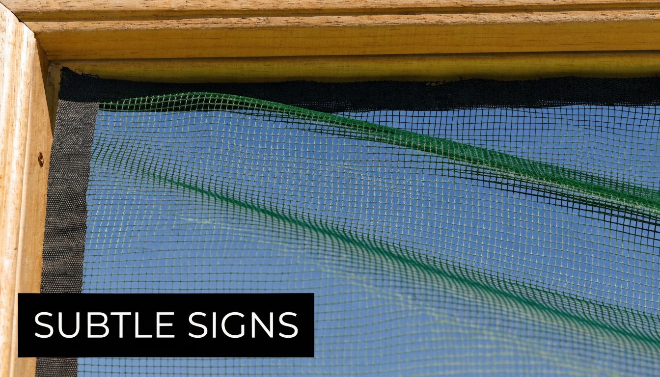A close-up view of a green mesh screen attached to a wooden window frame against blue sky.