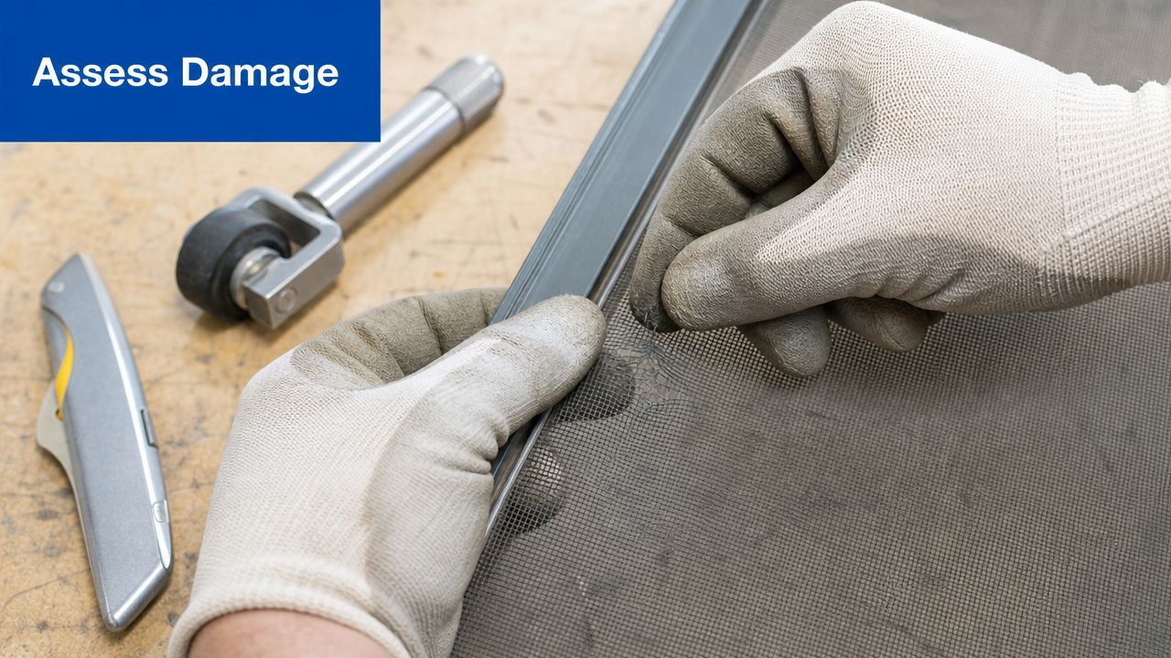 A pair of gloved hands inspecting a small tear in a window screen during a repair process.