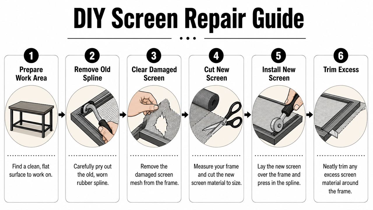 A six-step DIY guide illustrating how to replace a damaged window screen frame.