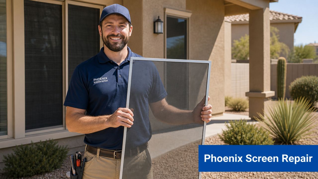 A friendly Phoenix Screen Repair technician holding a replacement window screen in front of a residential home.