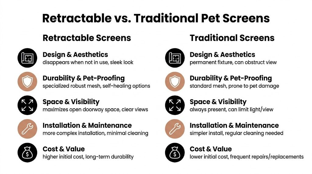 A comparison chart outlining the pros and cons of retractable versus traditional pet screen doors for homes.