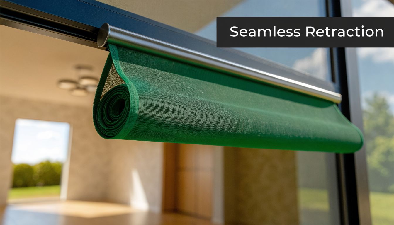 A close-up view of a green mesh screen partially rolled up on a modern sliding door track.