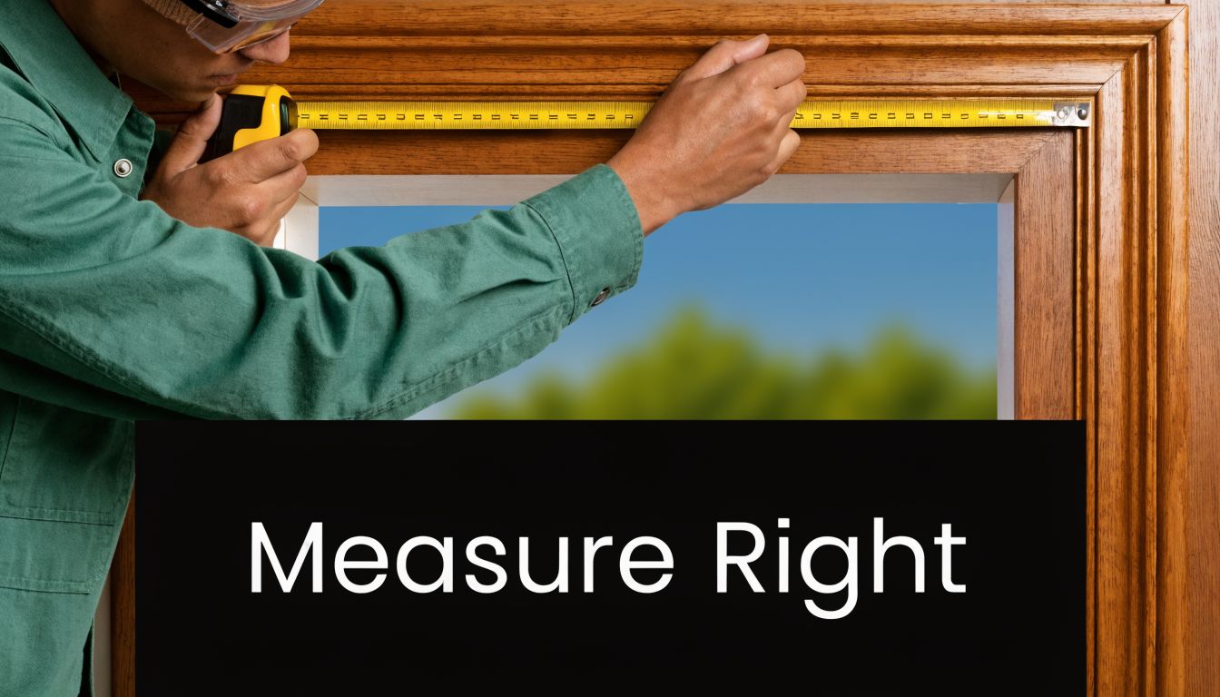 A person using a yellow tape measure to precisely gauge the width of a wooden window frame.