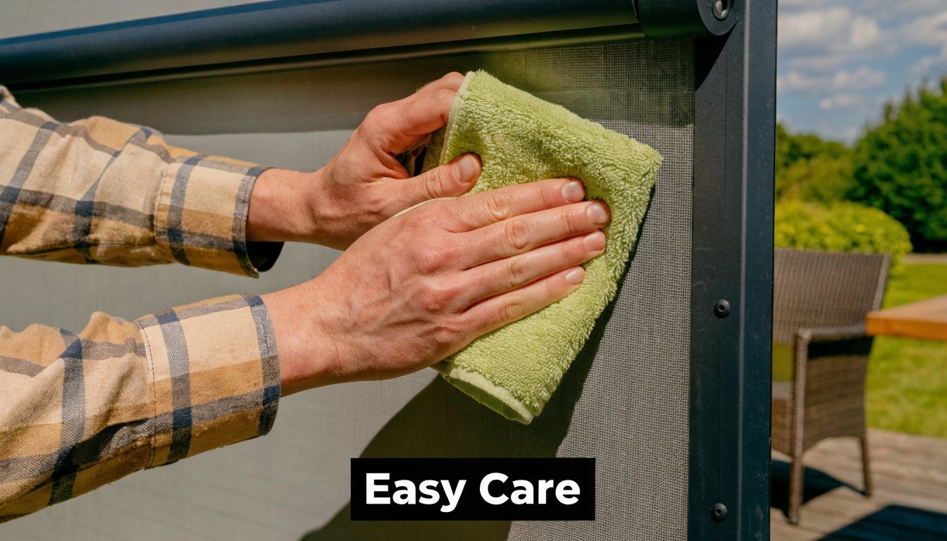 A person cleaning the mesh of a retractable screen door for sliding patio doors with a towel.
