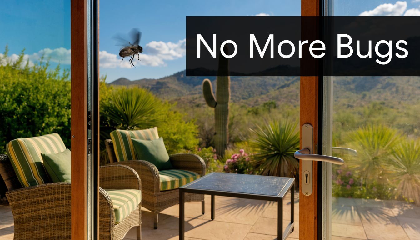 A view through a screen door of a sunny patio with chairs and a desert mountain landscape.