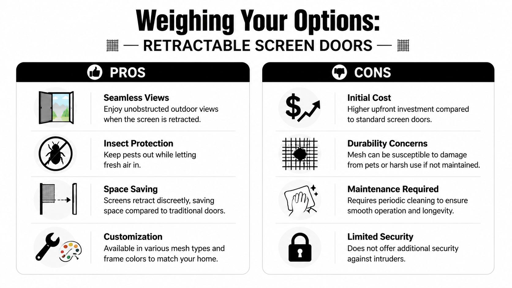 An infographic showing the pros and cons of installing retractable screen doors for residential homes.