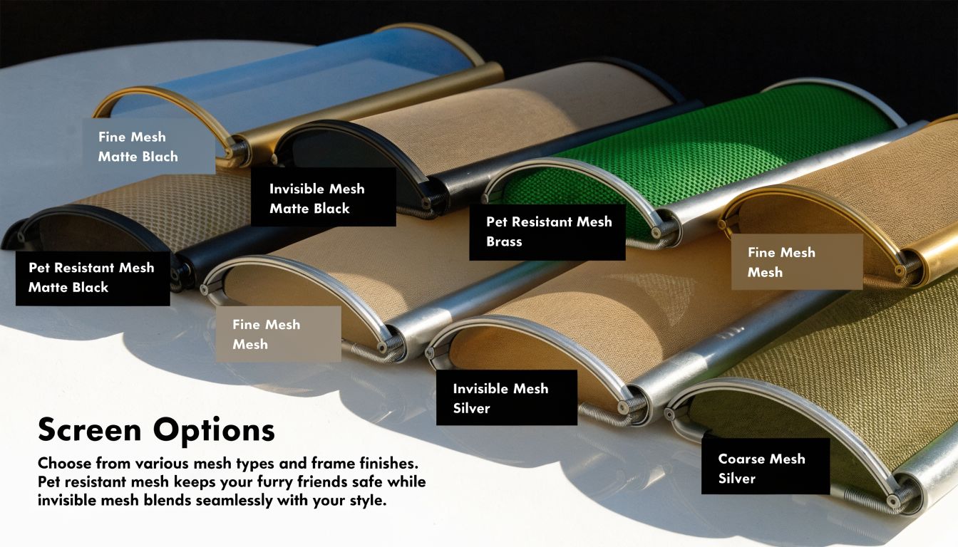 An array of various retractable screen door mesh types and frame finish samples displayed on a table.