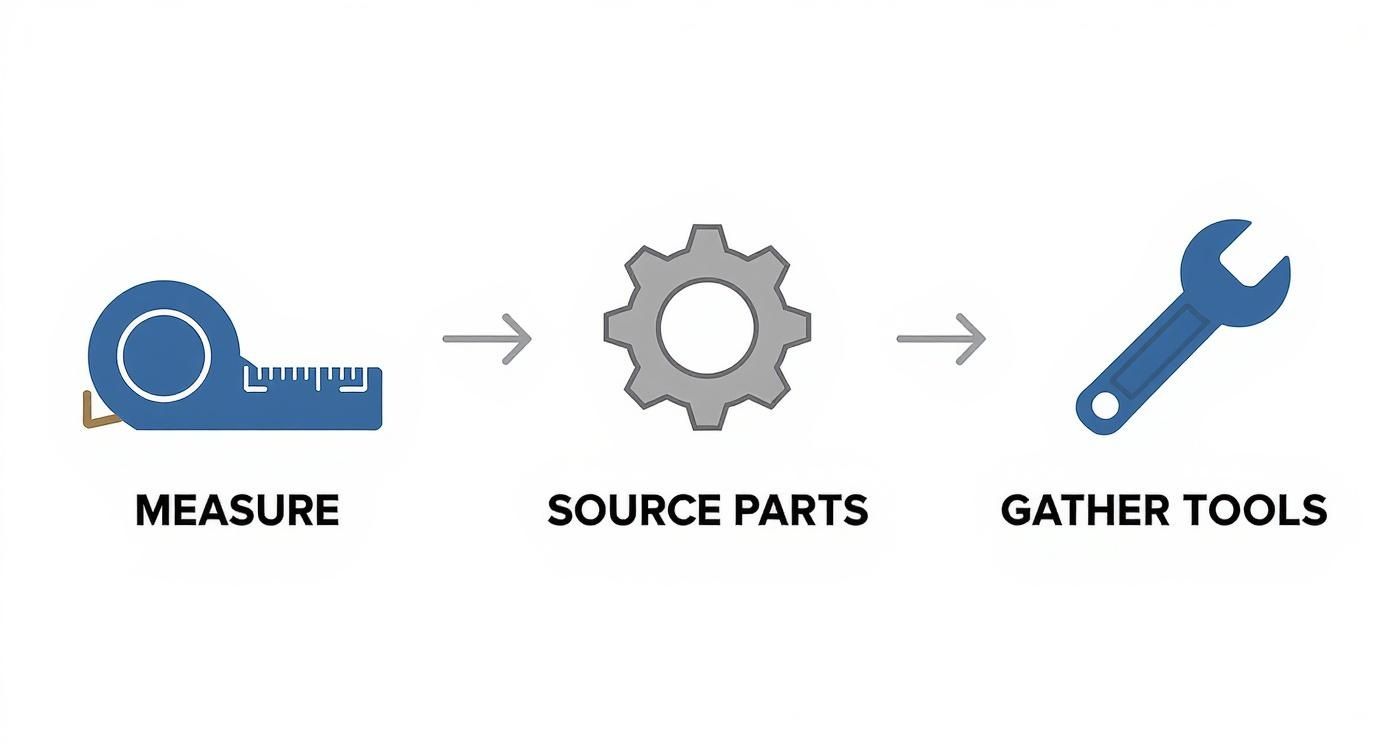 A three-step process showing measure with a tape, source parts with a gear, and gather tools with a wrench.