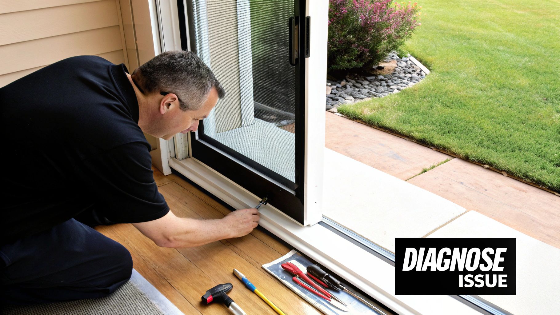 A man kneels on a wooden floor to repair a black retractable screen door with tools.
