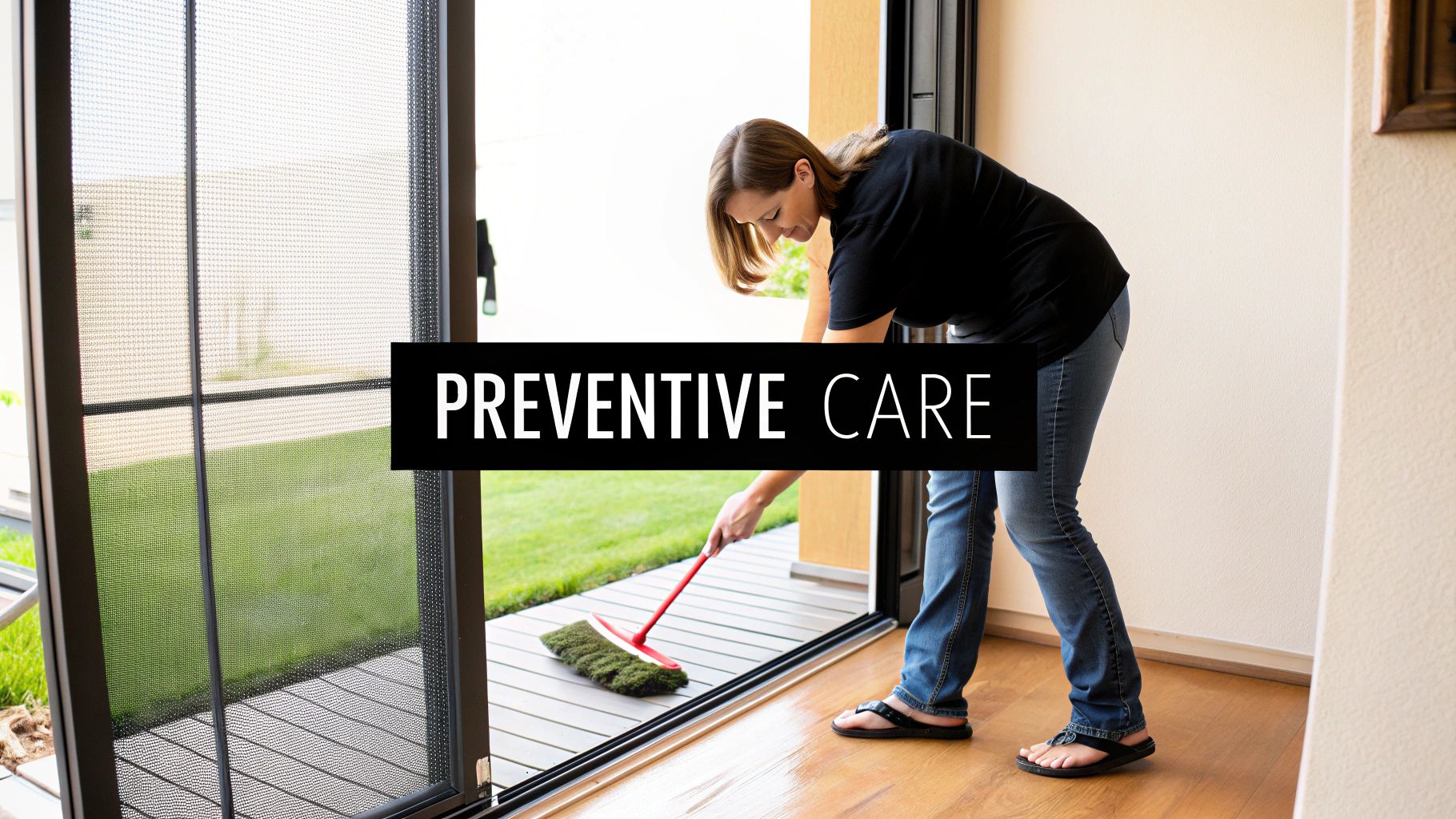 A woman cleaning the bottom track of a retractable screen door with a brush, emphasizing preventive care.