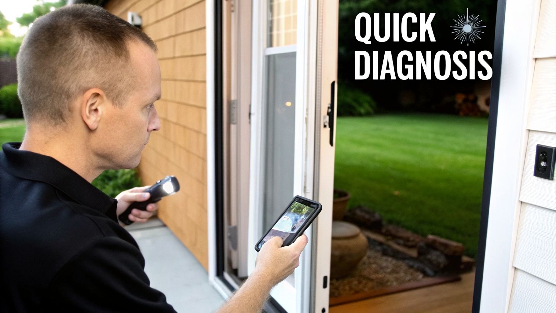A man uses a flashlight and smartphone to inspect a retractable screen door.