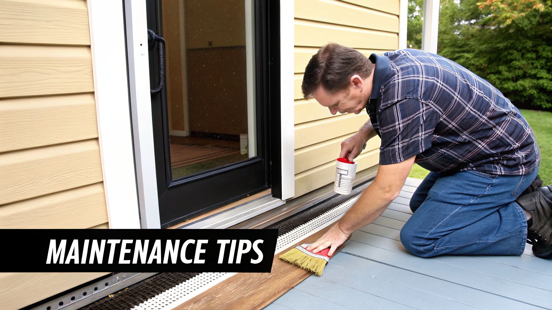 A man kneeling on a deck, cleaning the track of a retractable screen door with a brush.