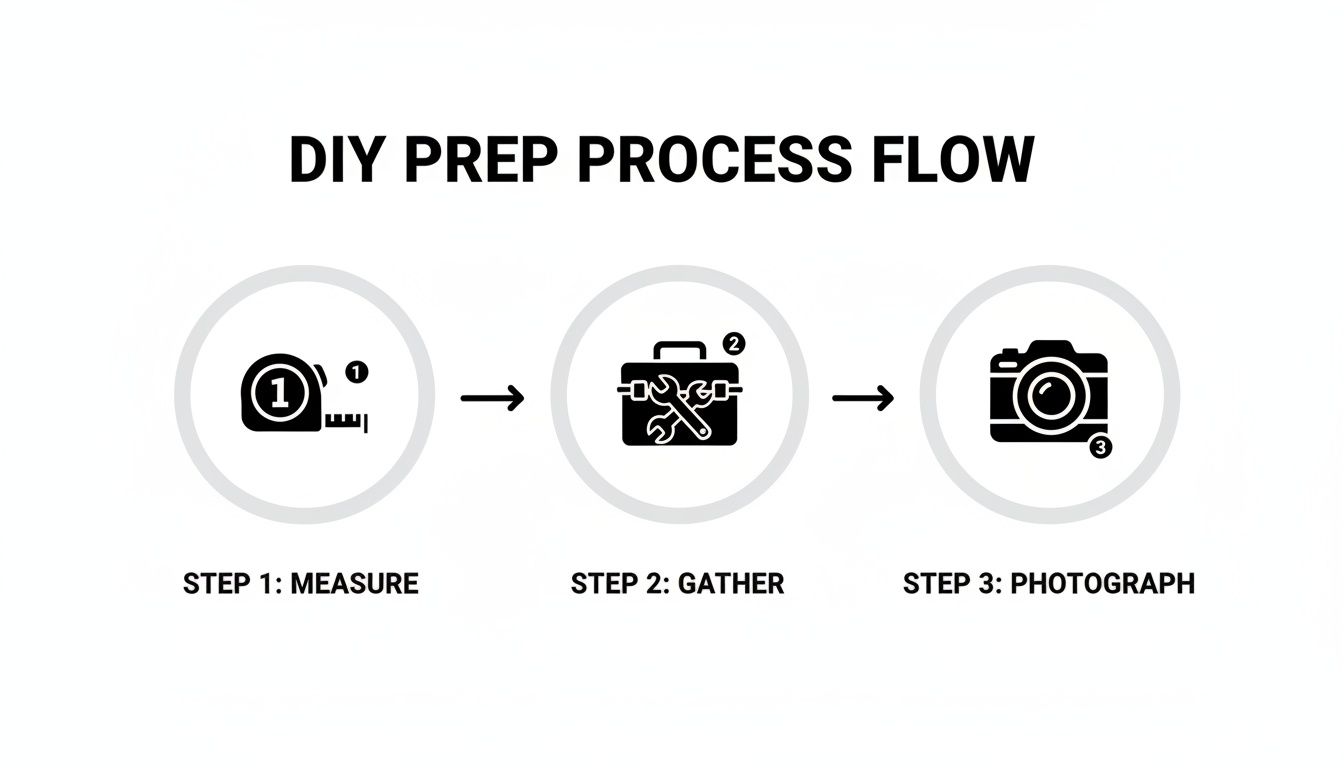 A DIY prep process flow diagram illustrating three steps: measure, gather, and photograph.