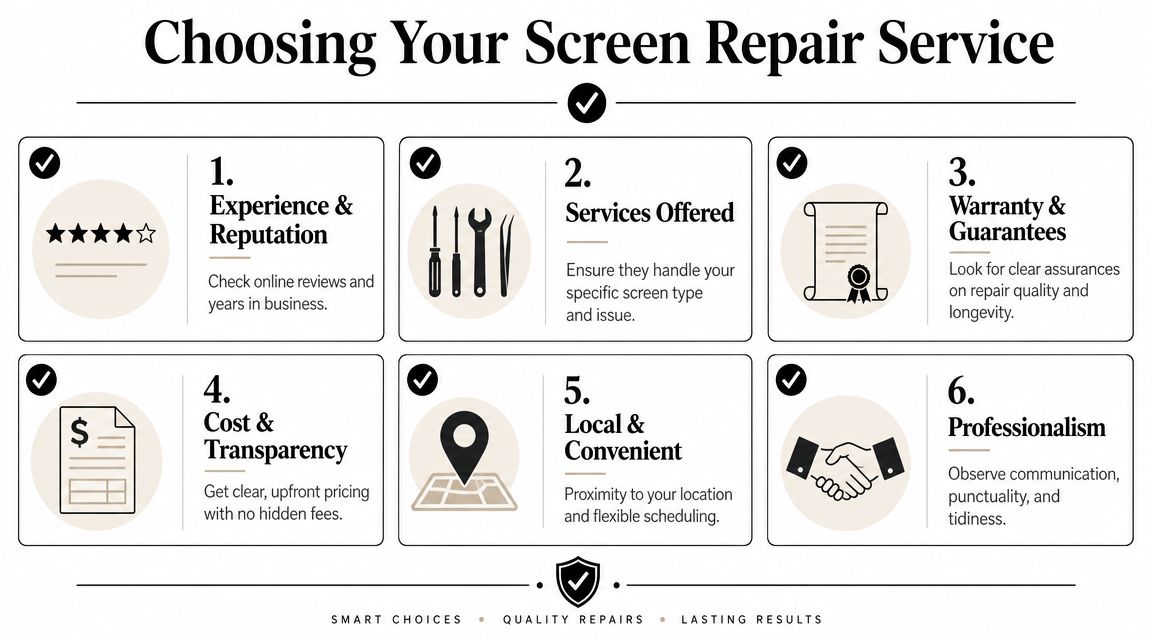 An infographic titled Choosing Your Screen Repair Service outlining six key factors for selecting a repair professional.