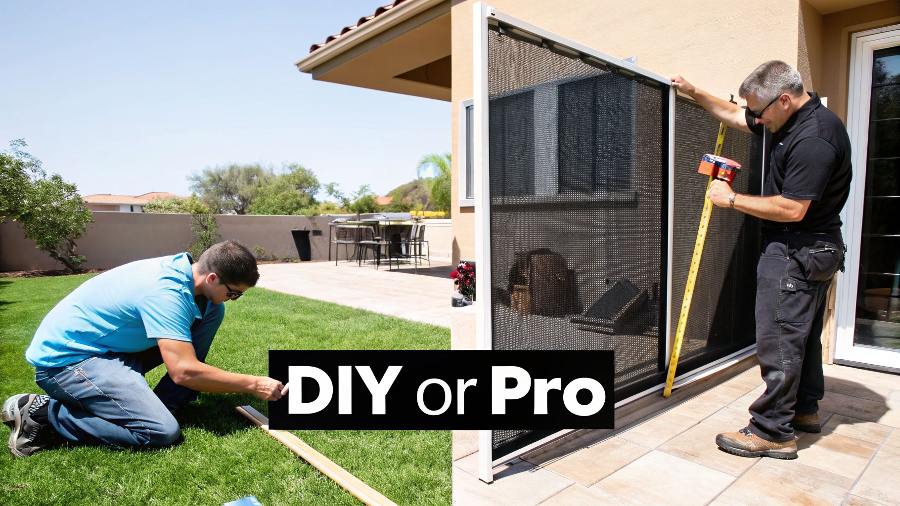 Two men working on outdoor projects, one DIY on grass, the other professionally installing a screen.