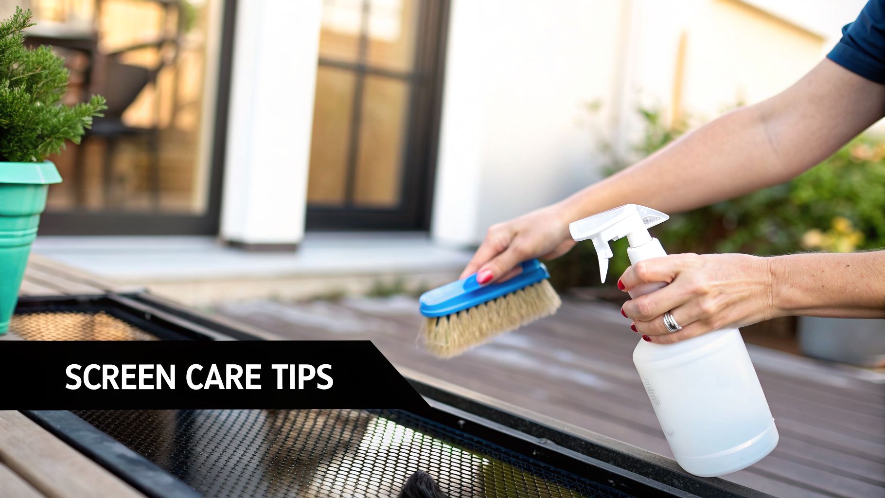 Hands cleaning an outdoor screen with a brush and spray bottle, demonstrating screen care.