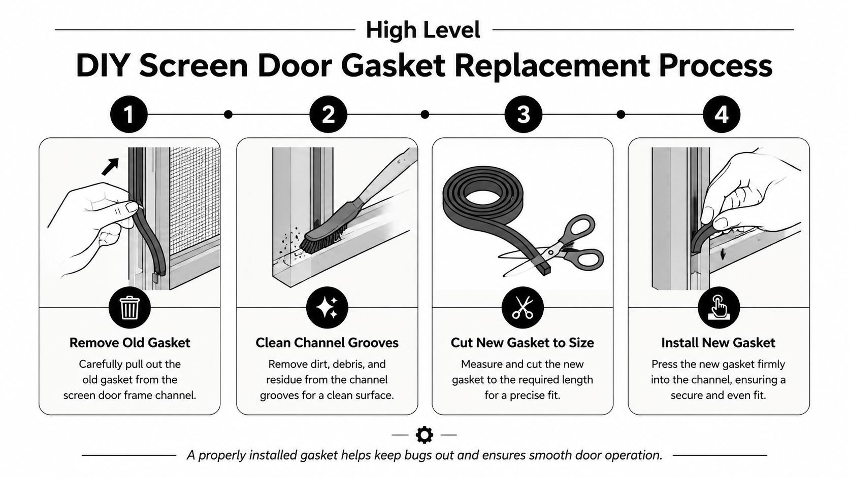 A four step infographic illustration demonstrating how to replace a screen door gasket on a frame.
