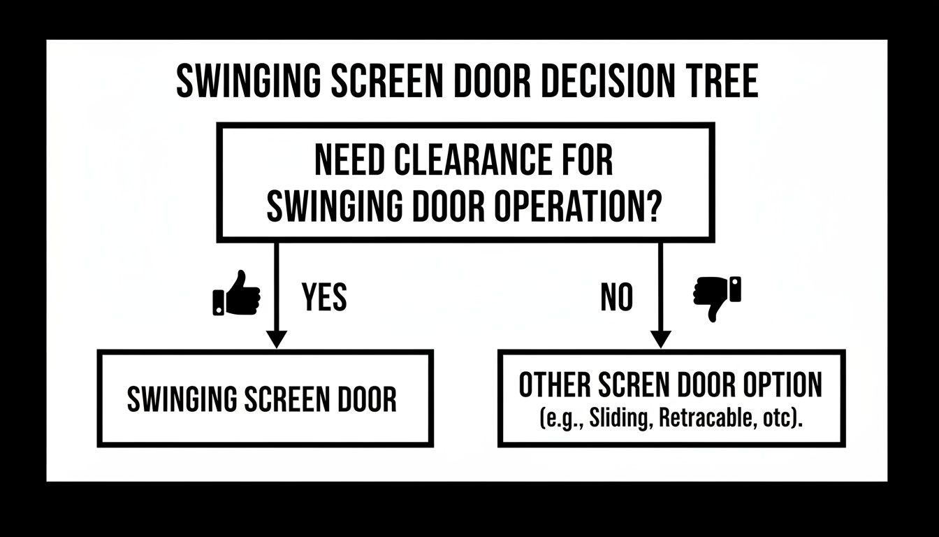 A decision tree for choosing a screen door based on clearance needed for swinging operation.