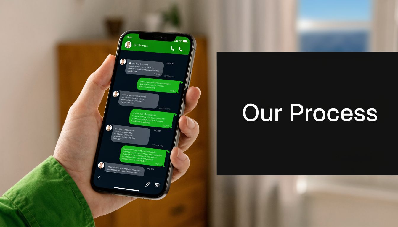A hand holding a smartphone displaying a messaging app interface with the heading Our Process visible.