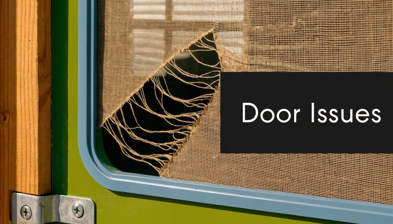 A close up view of a damaged mesh screen on a green door with a large tear.