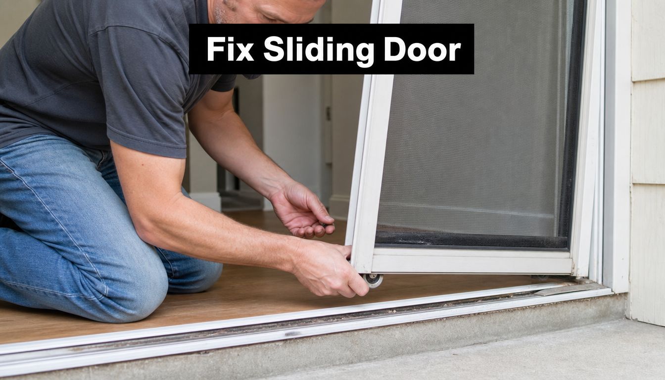 A man kneeling on a floor while working on repairing the rollers of a sliding screen door.