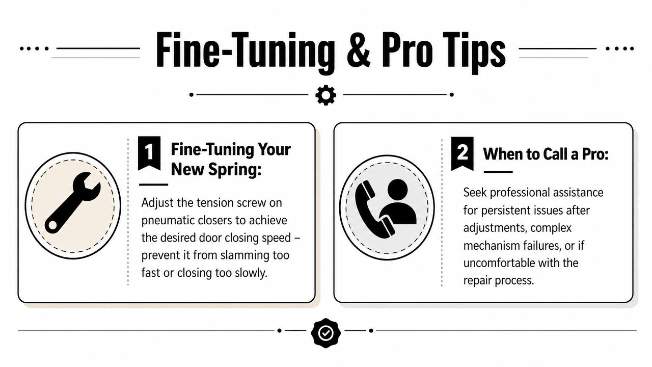 A graphic providing advice on adjusting screen door spring tension and when to hire professional repair services.