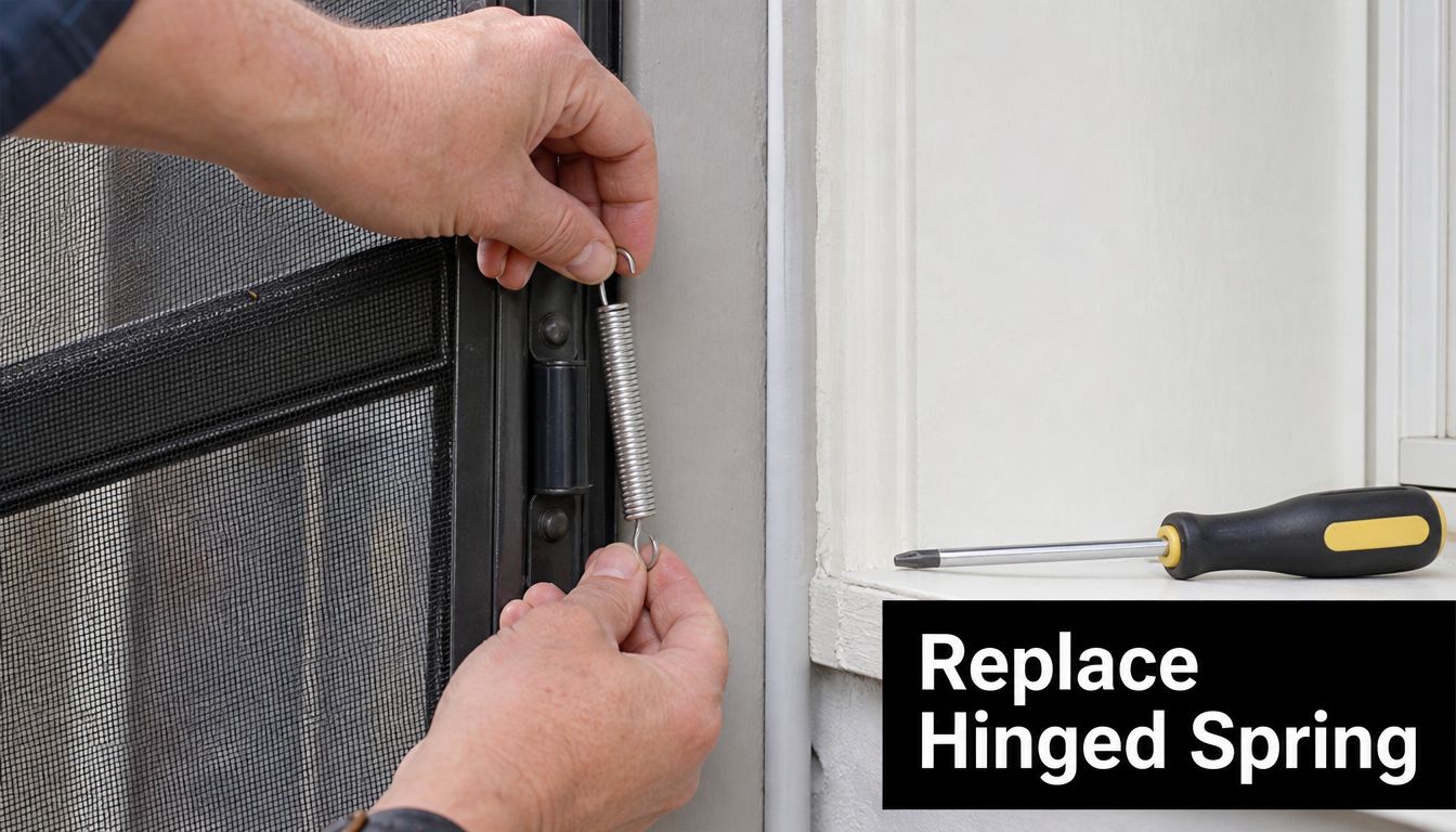 A pair of hands carefully attaching a new metal spring to a screen door hinge mechanism.
