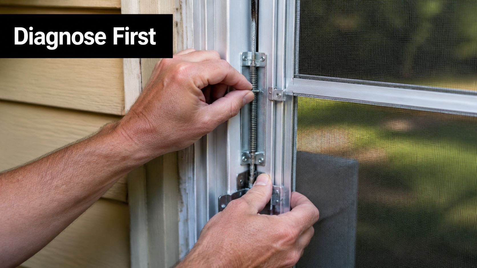 A close-up view of a person repairing a metal screen door spring mechanism on a door frame.
