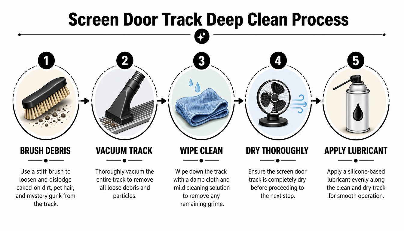 A step-by-step infographic showing how to deep clean a screen door track using cleaning tools.