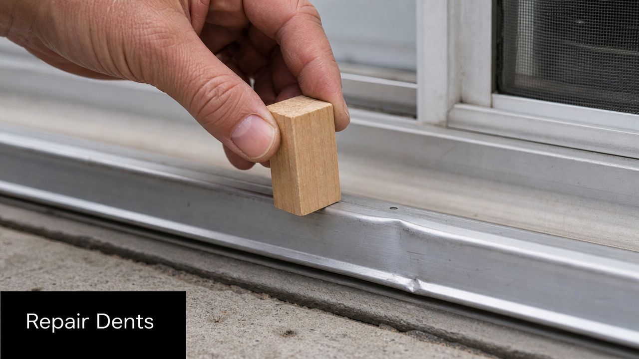 A close-up view of a hand using a small wooden block to fix a dented metal sliding screen door track.